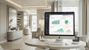 Zervos salon management dashboard displayed on a desktop at a premium spa workspace