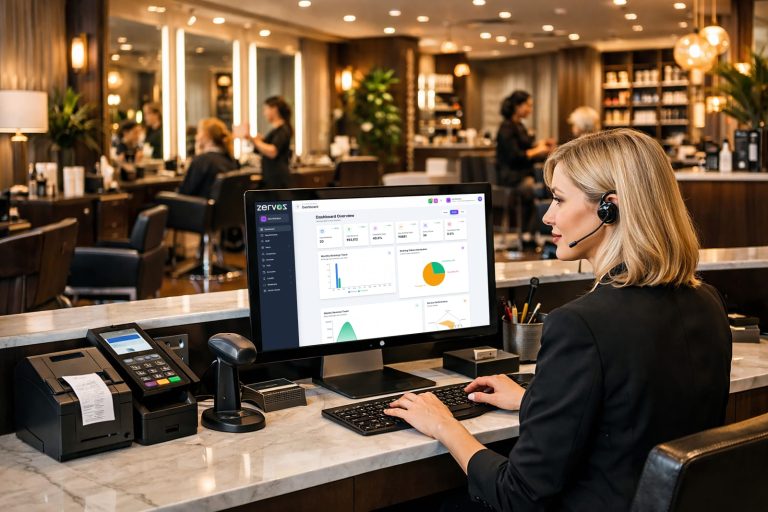 A side-profile view of a blonde female salon receptionist wearing a headset and typing on a keyboard at a marble front desk. In front of her, a desktop monitor displays the white Zervos Salon Overview analytics dashboard. The counter is equipped with a thermal receipt printer with a printed receipt, a credit card POS terminal, and a barcode scanner. The background shows a warmly lit, luxury hair salon setup with stylists and clients at their stations