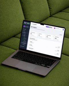 A product mockup of the Zervos salon software WhatsApp marketing automation dashboard on a laptop. The screen shows Bot Analytics tracking total conversations, active chats, completed chats, total messages, and automation flow performance metrics